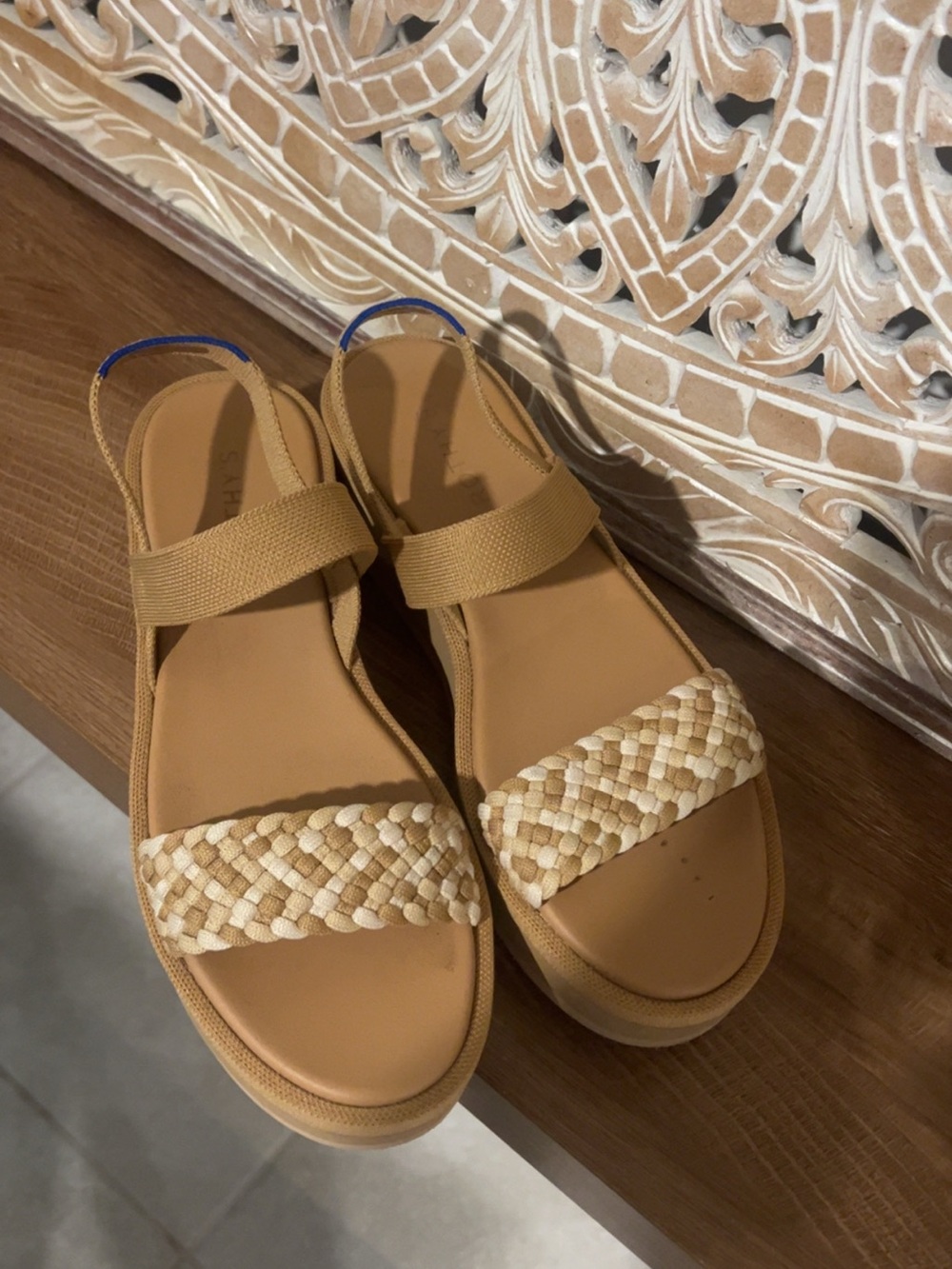 Rothy's Tan and Cream Woven Slingback Sandals with Blue Accent